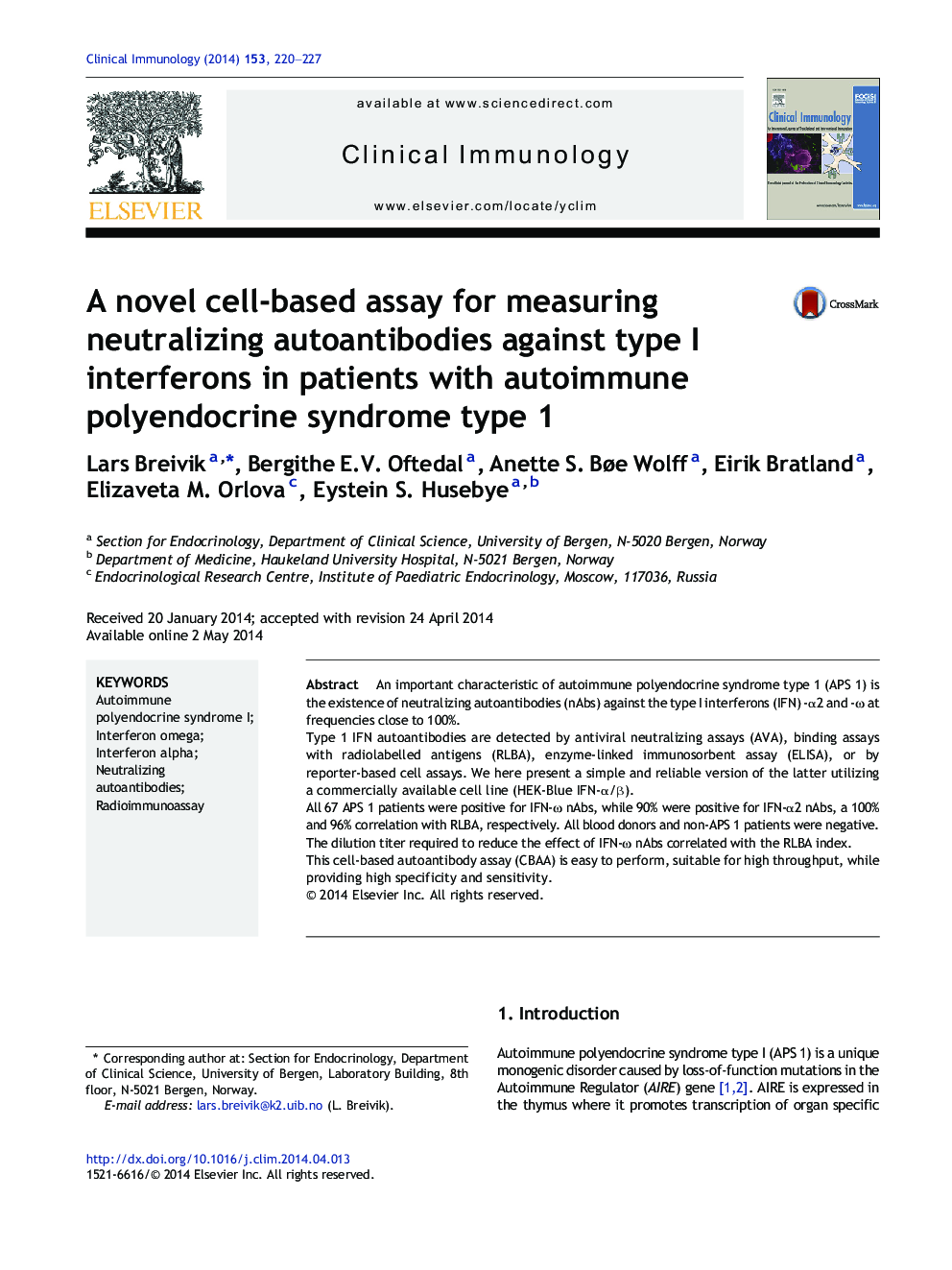 A novel cell-based assay for measuring neutralizing autoantibodies against type I interferons in patients with autoimmune polyendocrine syndrome type 1