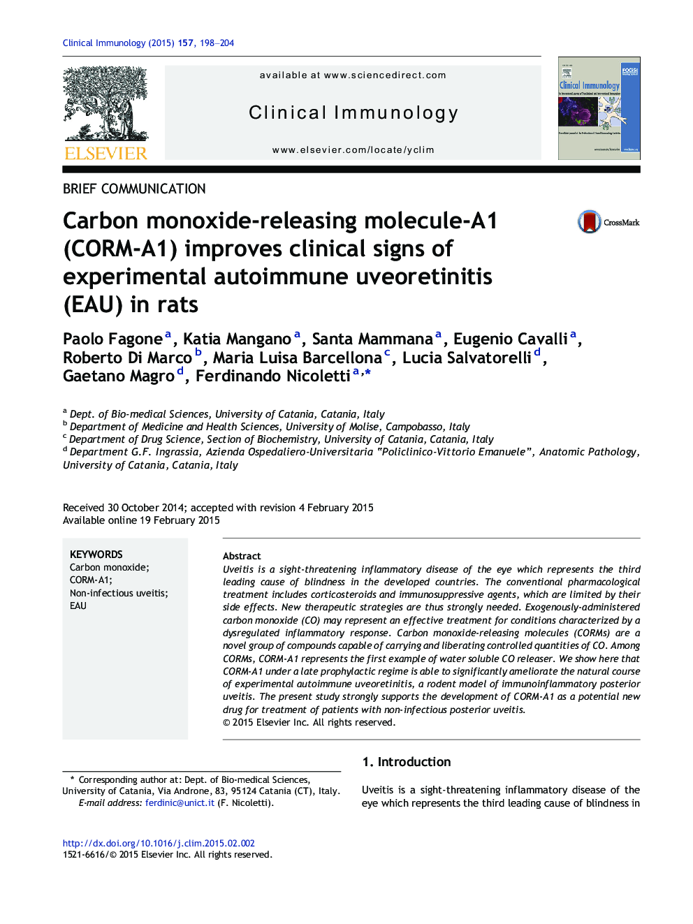 عکس صفحه اول مقاله: Brief CommunicationCarbon monoxide-releasing molecule-A1 (CORM-A1) improves clinical signs of experimental autoimmune uveoretinitis (EAU) in rats Brief CommunicationCarbon monoxide-releasing molecule-A1 (CORM-A1) improves clinical signs of experimental autoimmune uveoretinitis (EAU) in rats