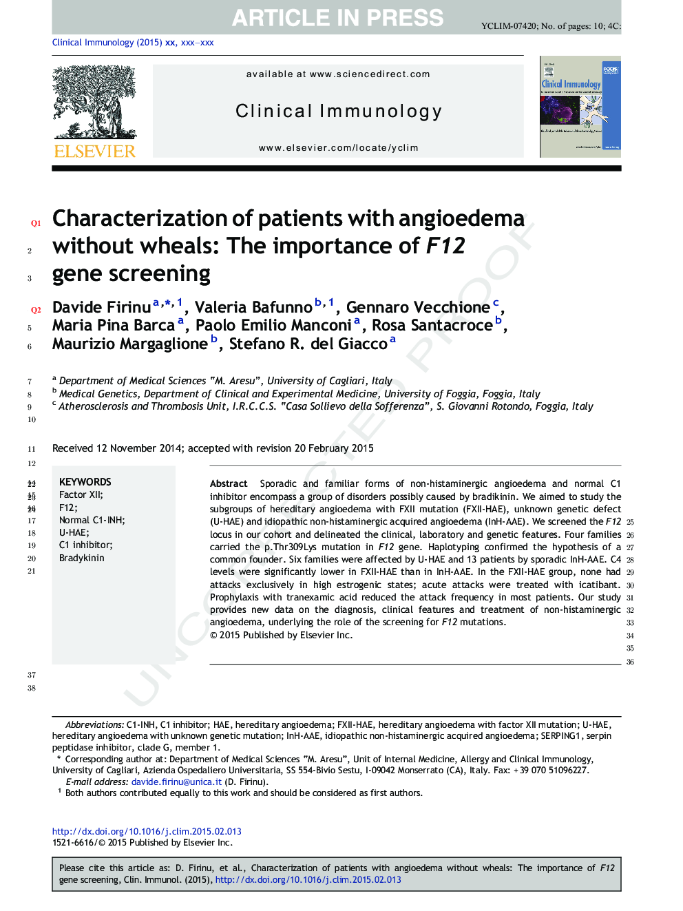 Characterization of patients with angioedema without wheals: The importance of F12 gene screening