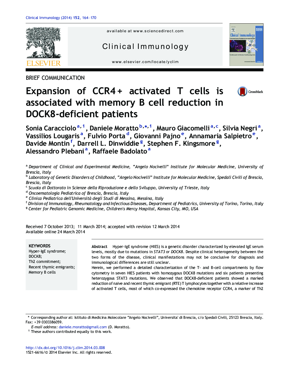 Expansion of CCR4Â + activated T cells is associated with memory B cell reduction in DOCK8-deficient patients