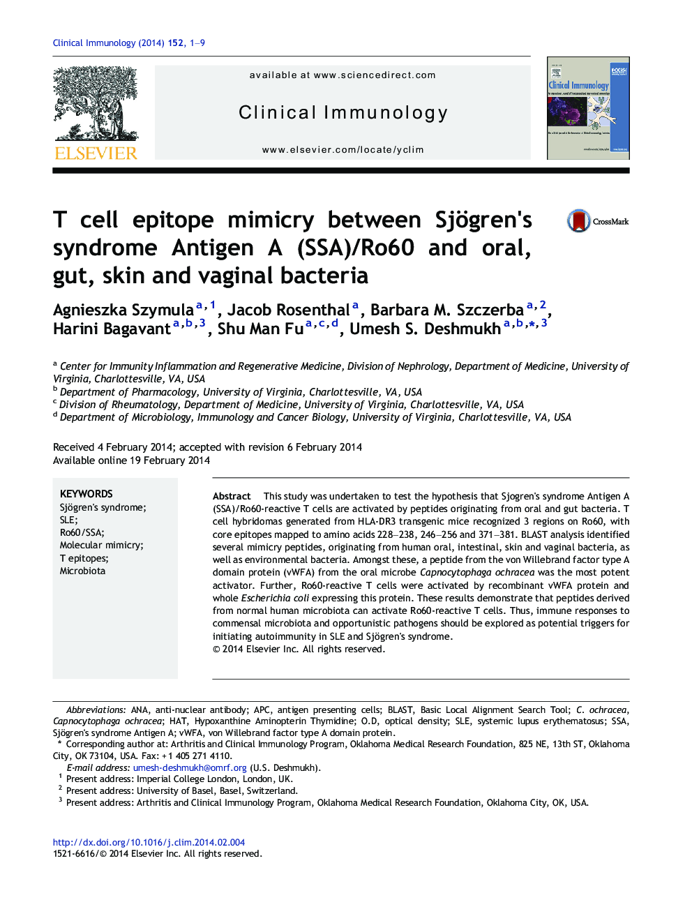 T cell epitope mimicry between Sjögren's syndrome Antigen A (SSA)/Ro60 and oral, gut, skin and vaginal bacteria