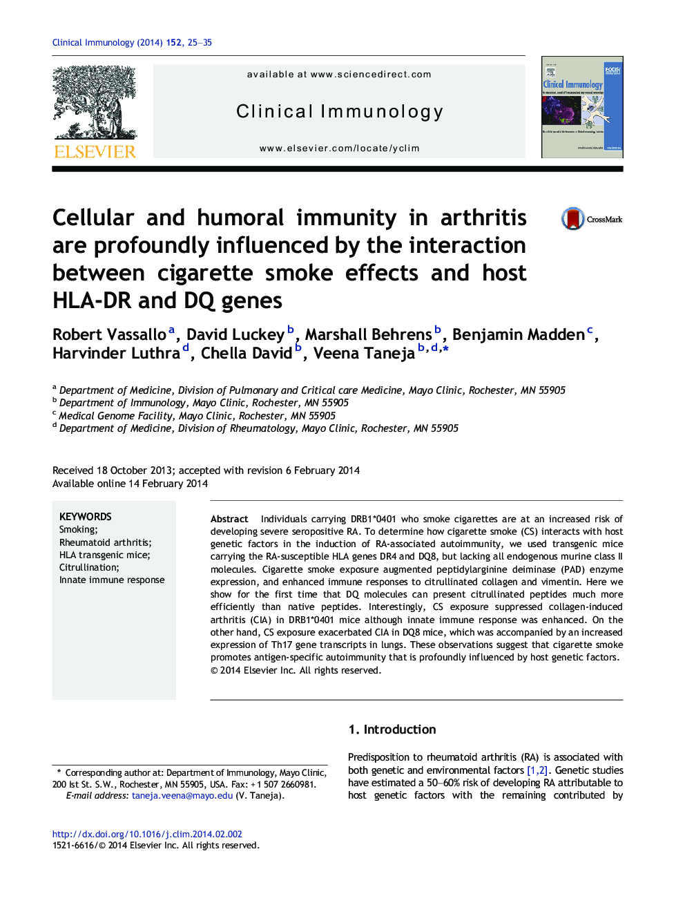 عکس صفحه اول مقاله: Cellular and humoral immunity in arthritis are profoundly influenced by the interaction between cigarette smoke effects and host HLA-DR and DQ genes Cellular and humoral immunity in arthritis are profoundly influenced by the interaction between cigarette smoke effects and host HLA-DR and DQ genes