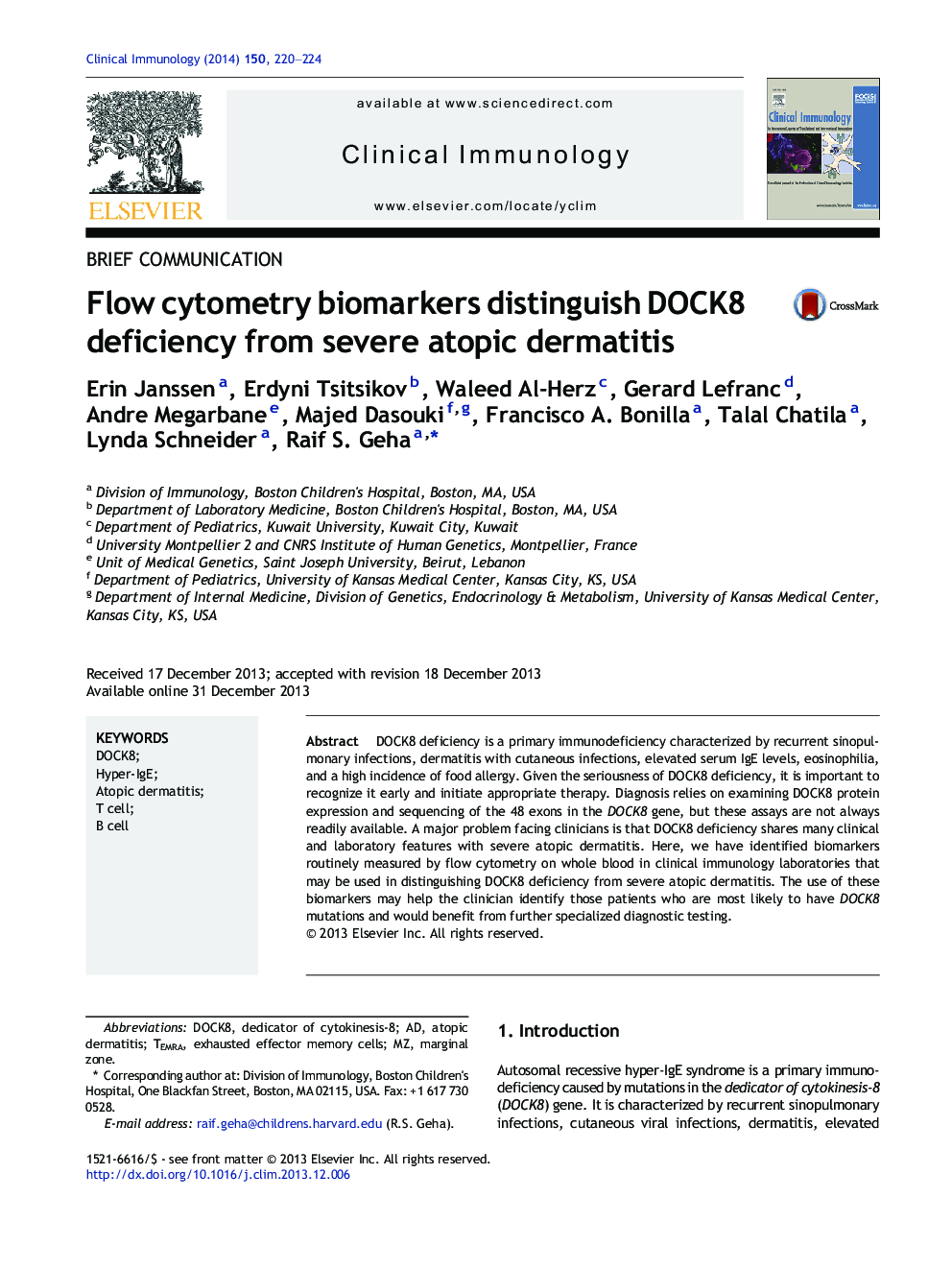 Brief CommunicationFlow cytometry biomarkers distinguish DOCK8 deficiency from severe atopic dermatitis