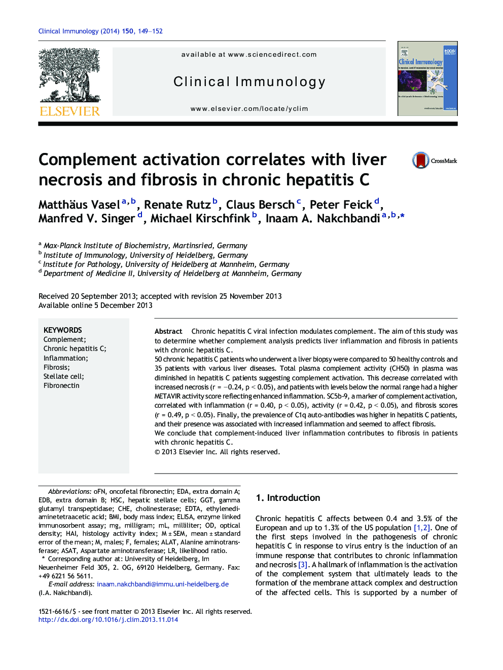 Complement activation correlates with liver necrosis and fibrosis in chronic hepatitis C