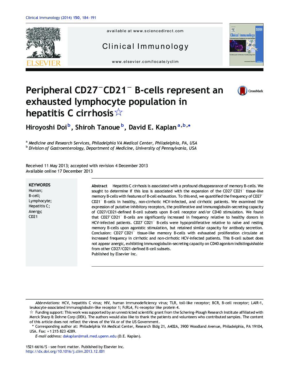 Peripheral CD27âCD21â B-cells represent an exhausted lymphocyte population in hepatitis C cirrhosis