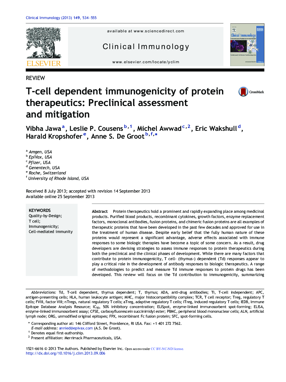 ReviewT-cell dependent immunogenicity of protein therapeutics: Preclinical assessment and mitigation