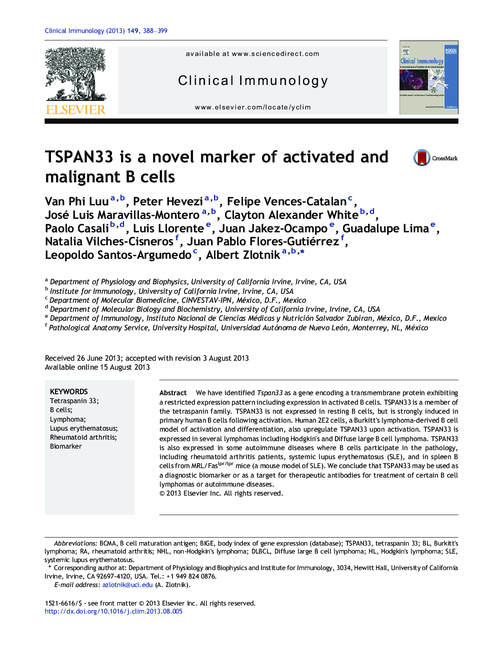 TSPAN33 is a novel marker of activated and malignant B cells