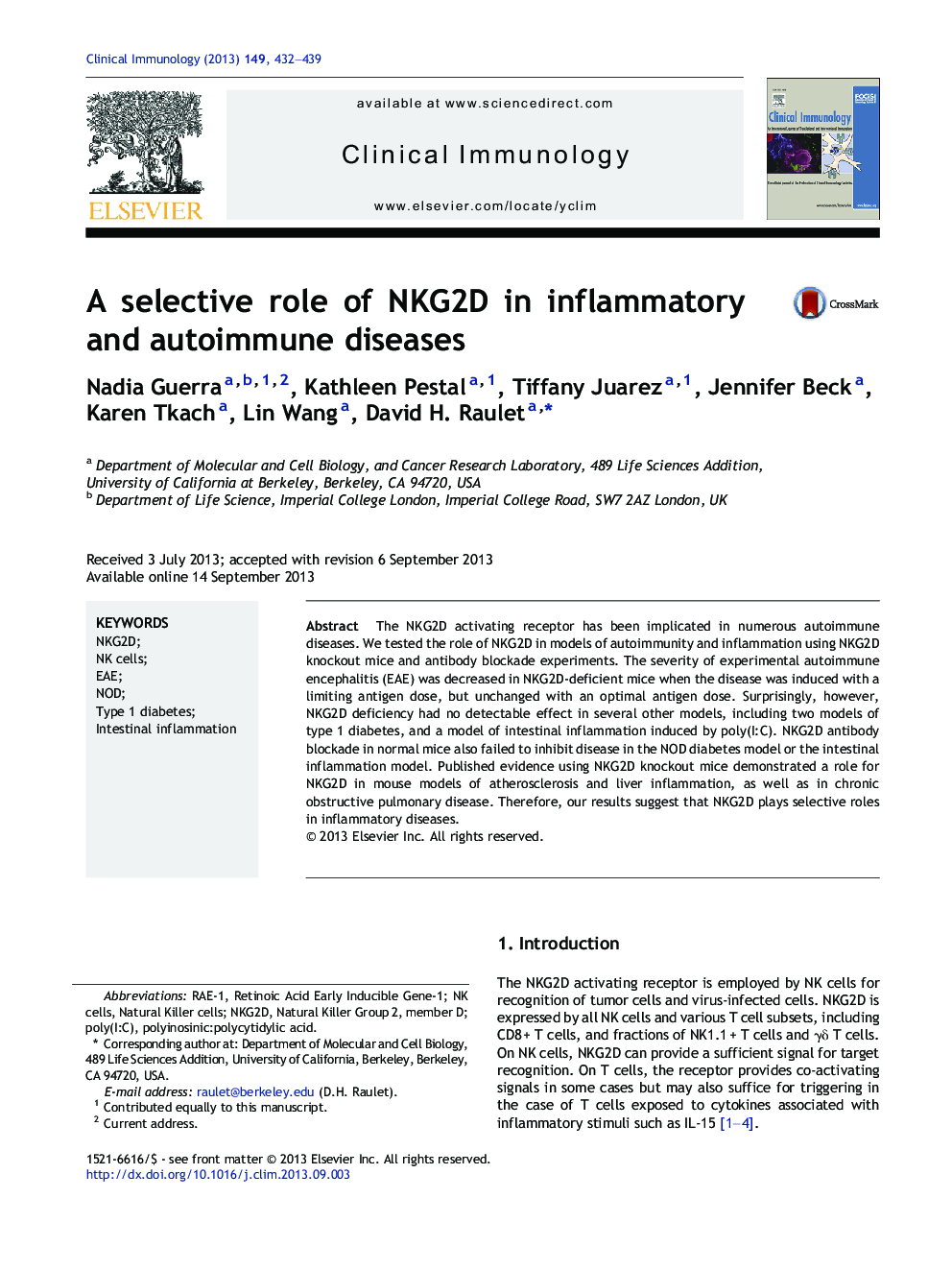 A selective role of NKG2D in inflammatory and autoimmune diseases