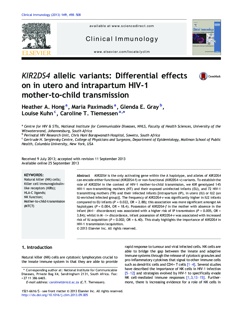 KIR2DS4 allelic variants: Differential effects on in utero and intrapartum HIV-1 mother-to-child transmission