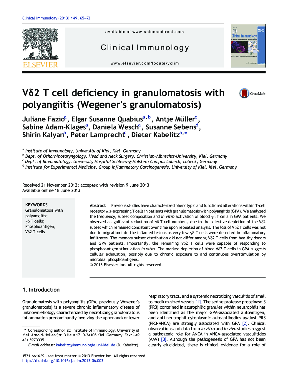 VÎ´2 T cell deficiency in granulomatosis with polyangiitis (Wegener's granulomatosis)