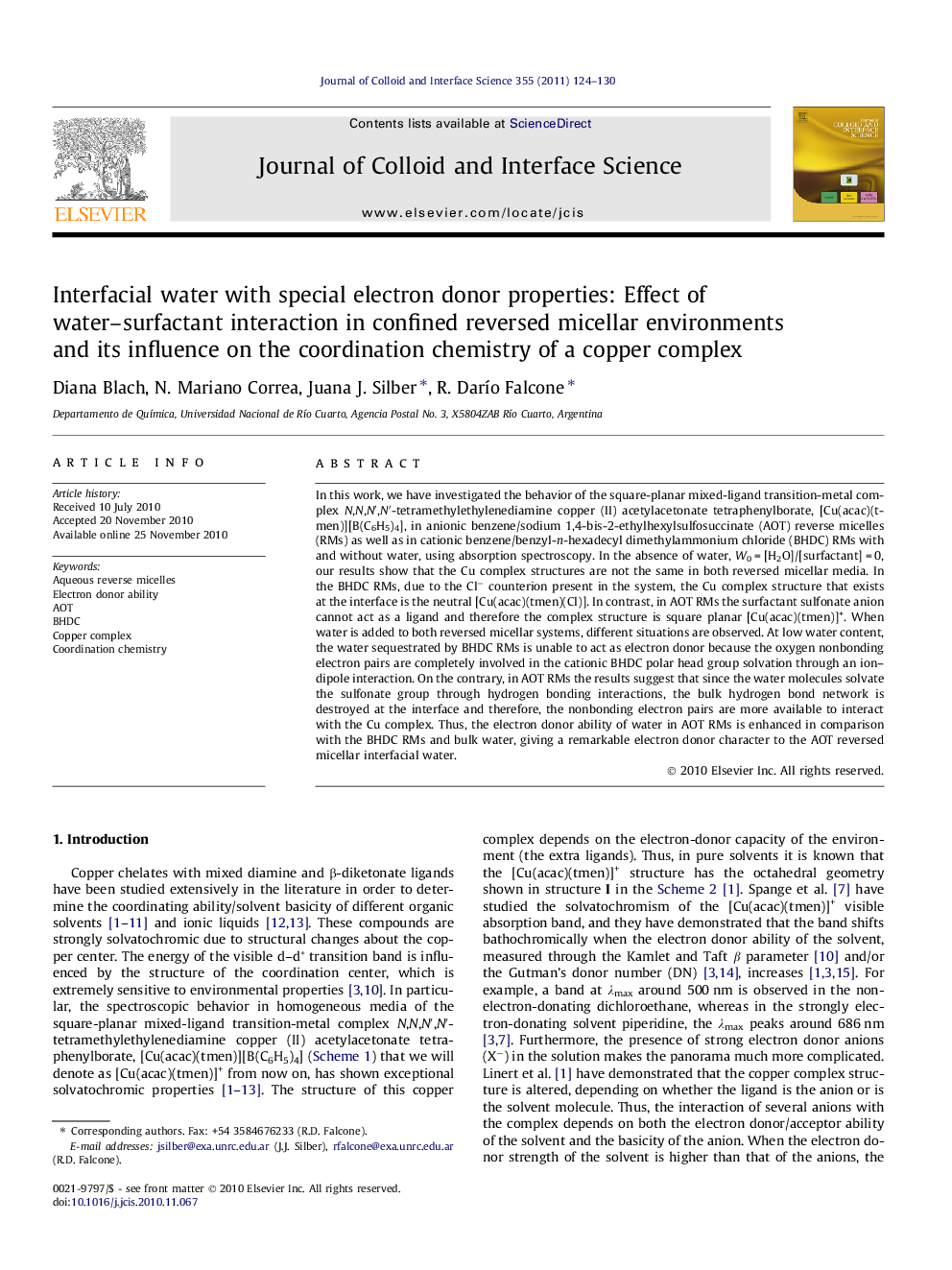 عکس صفحه اول مقاله: Interfacial water with special electron donor properties: Effect of water–surfactant interaction in confined reversed micellar environments and its influence on the coordination chemistry of a copper complex Interfacial water with special electron donor properties: Effect of water–surfactant interaction in confined reversed micellar environments and its influence on the coordination chemistry of a copper complex