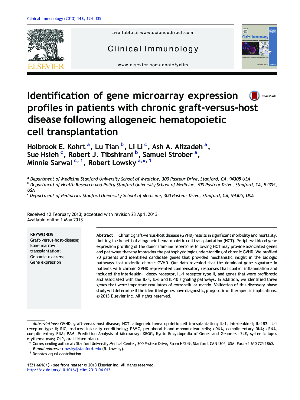 Identification of gene microarray expression profiles in patients with chronic graft-versus-host disease following allogeneic hematopoietic cell transplantation