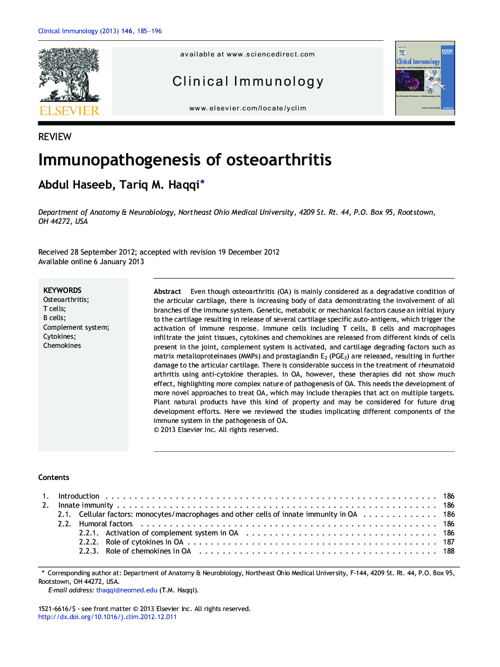 Immunopathogenesis of osteoarthritis