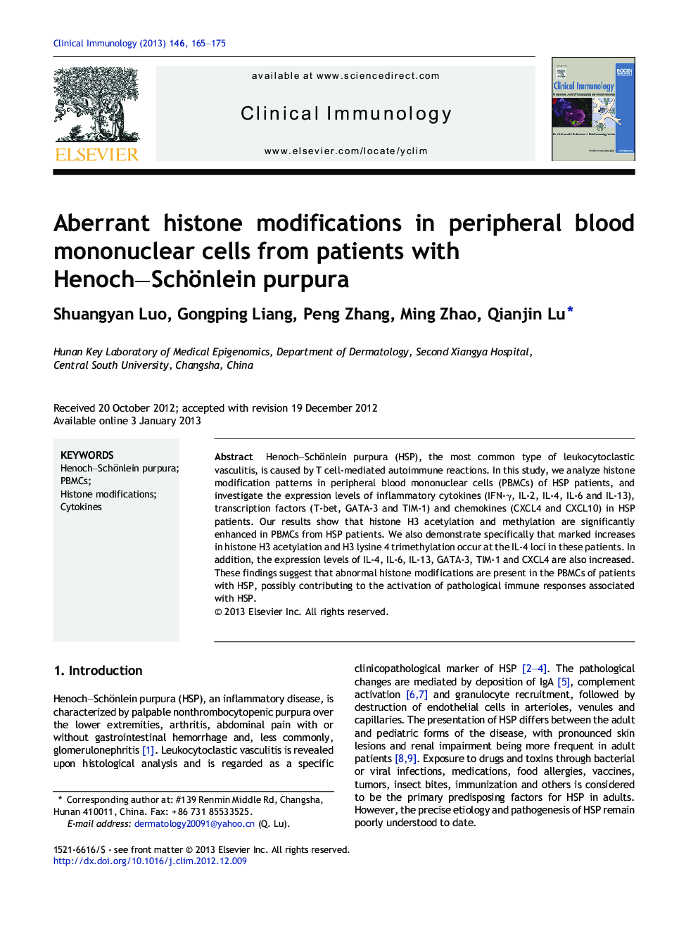 Aberrant histone modifications in peripheral blood mononuclear cells from patients with Henoch-Schönlein purpura