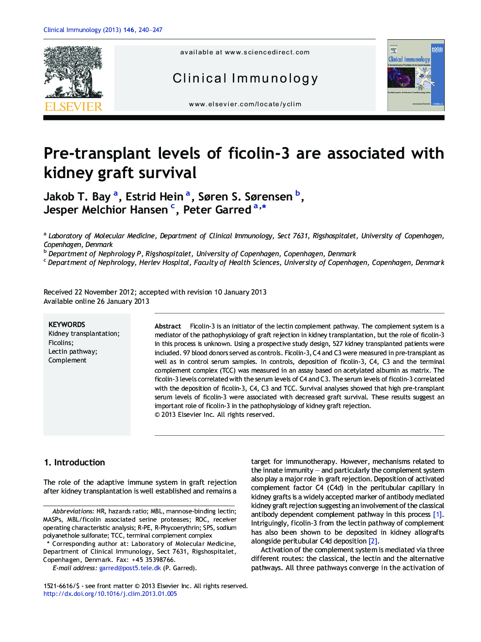 Pre-transplant levels of ficolin-3 are associated with kidney graft survival