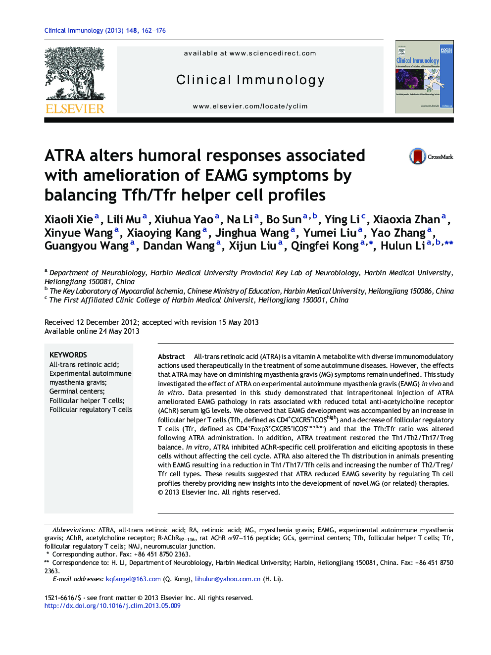ATRA alters humoral responses associated with amelioration of EAMG symptoms by balancing Tfh/Tfr helper cell profiles