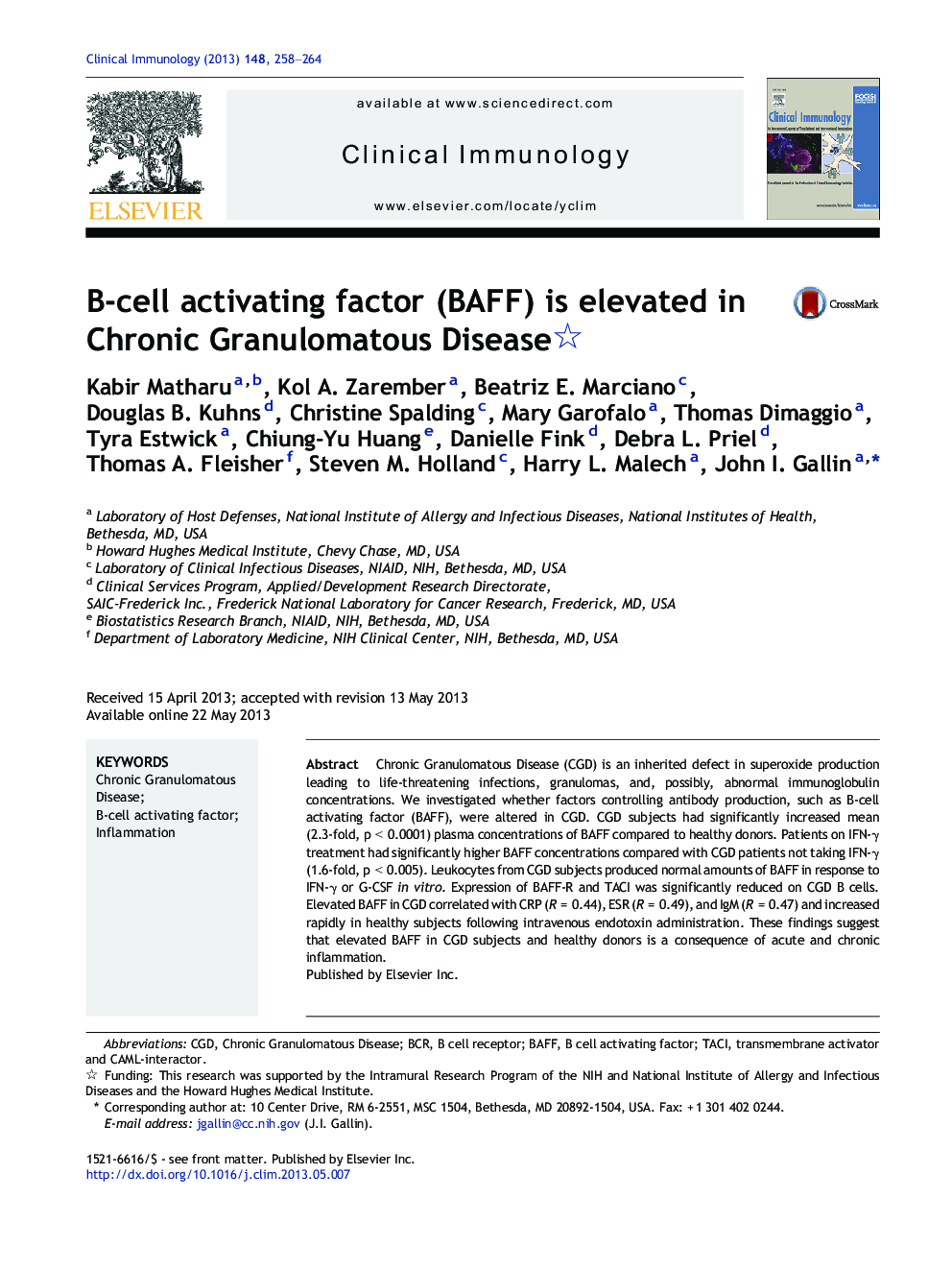 B-cell activating factor (BAFF) is elevated in Chronic Granulomatous Disease