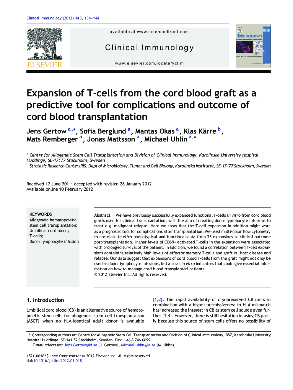 Expansion of T-cells from the cord blood graft as a predictive tool for complications and outcome of cord blood transplantation