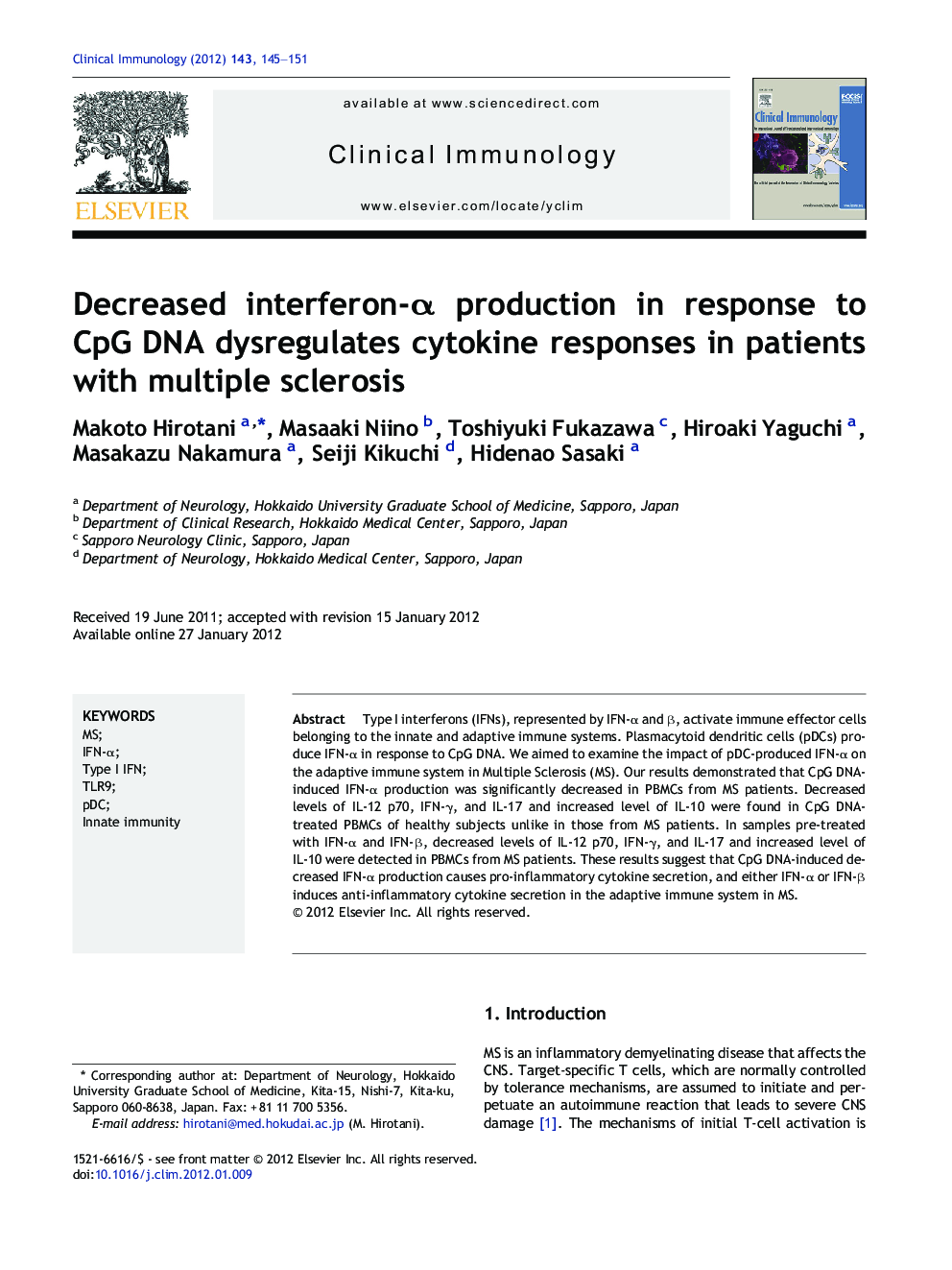 Decreased interferon-Î± production in response to CpG DNA dysregulates cytokine responses in patients with multiple sclerosis