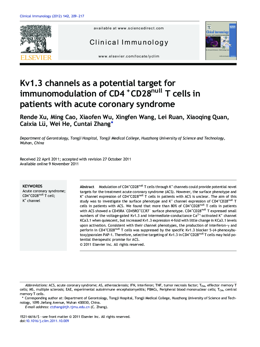 Kv1.3 channels as a potential target for immunomodulation of CD4+CD28null T cells in patients with acute coronary syndrome