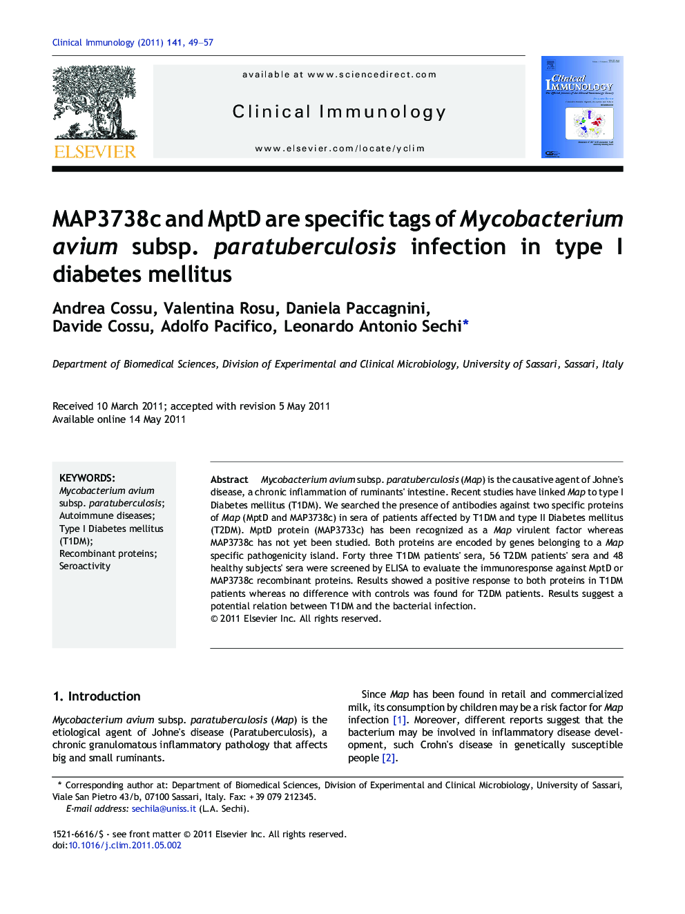 MAP3738c and MptD are specific tags of Mycobacterium avium subsp. paratuberculosis infection in type I diabetes mellitus