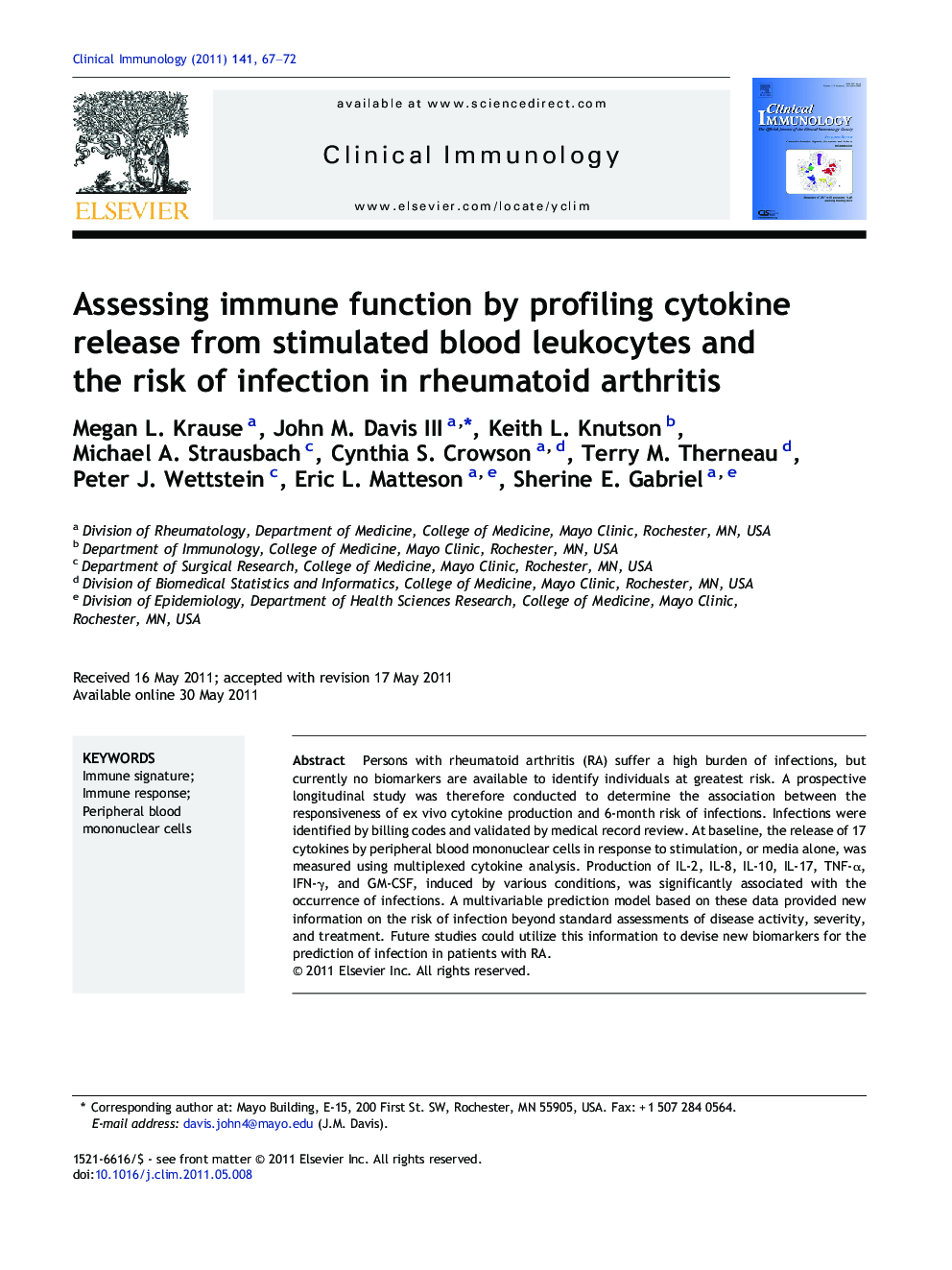 Assessing immune function by profiling cytokine release from stimulated blood leukocytes and the risk of infection in rheumatoid arthritis