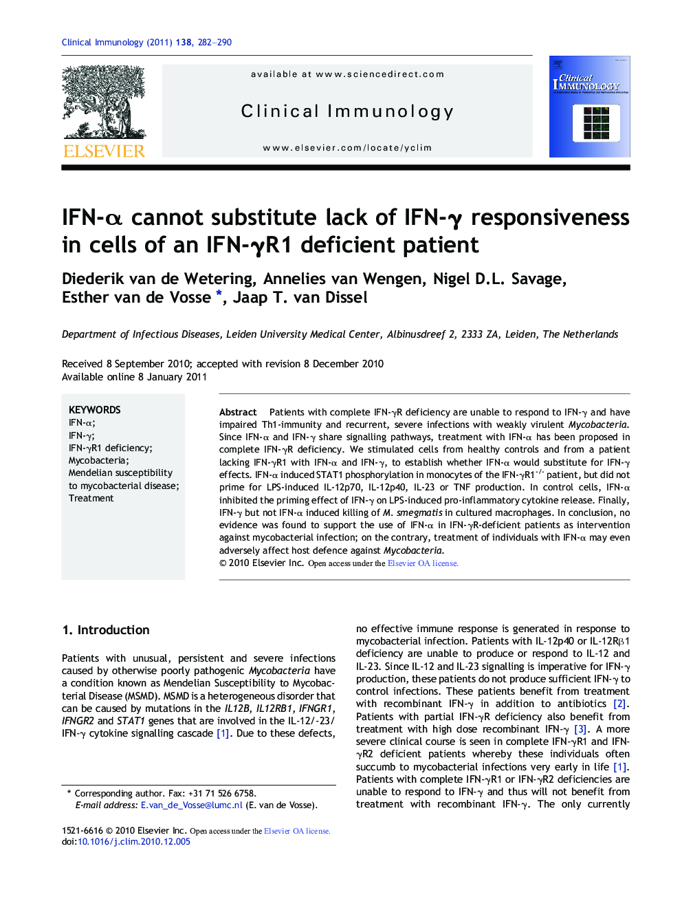 IFN-Î± cannot substitute lack of IFN-Î³ responsiveness in cells of an IFN-Î³R1 deficient patient