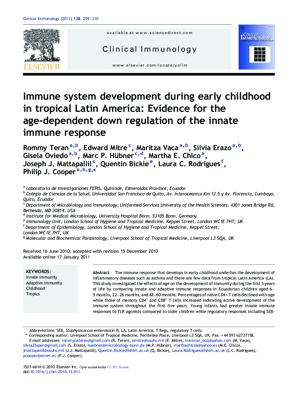 Immune system development during early childhood in tropical Latin America: Evidence for the age-dependent down regulation of the innate immune response