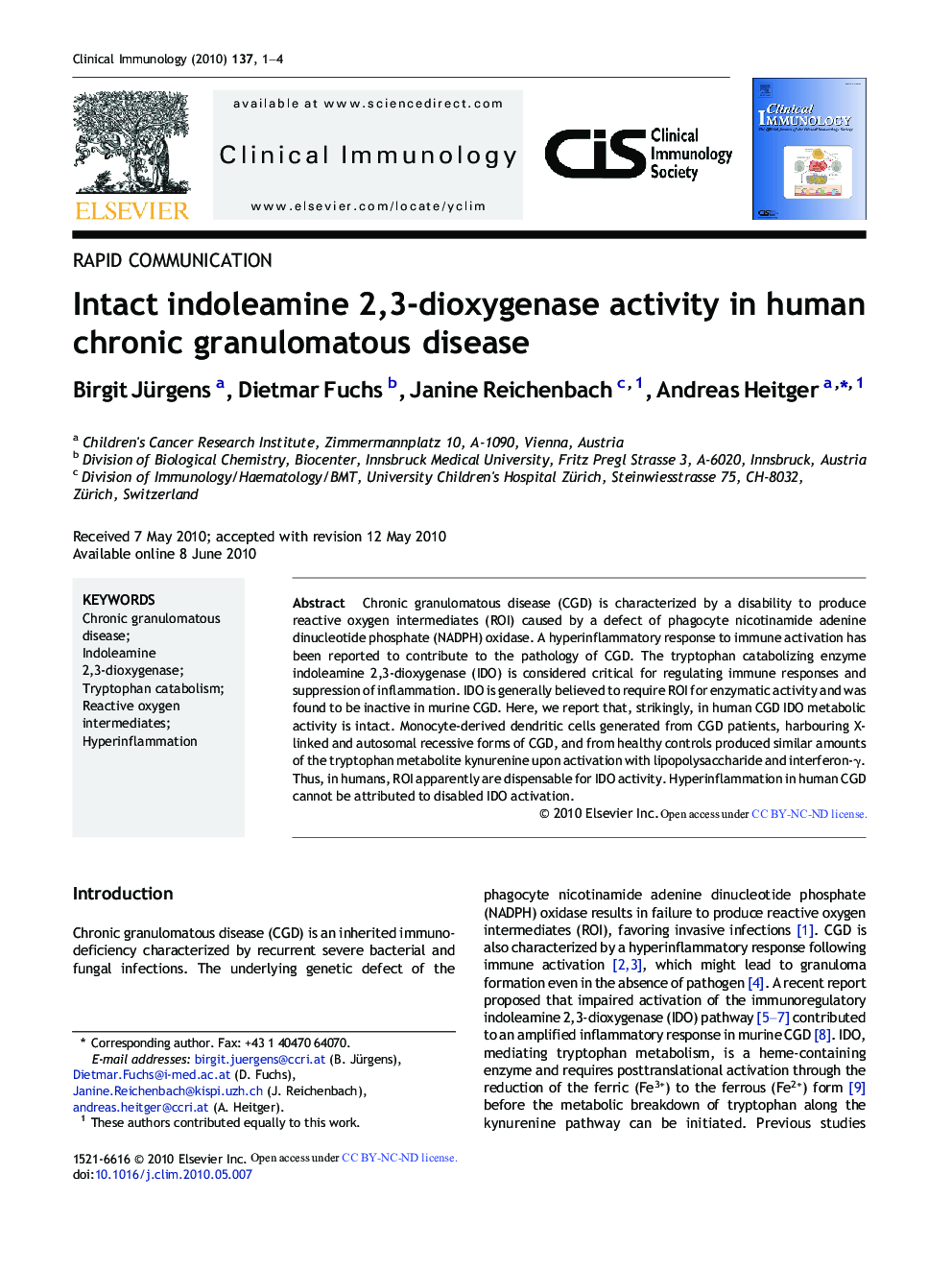 Rapid CommunicationIntact indoleamine 2,3-dioxygenase activity in human chronic granulomatous disease