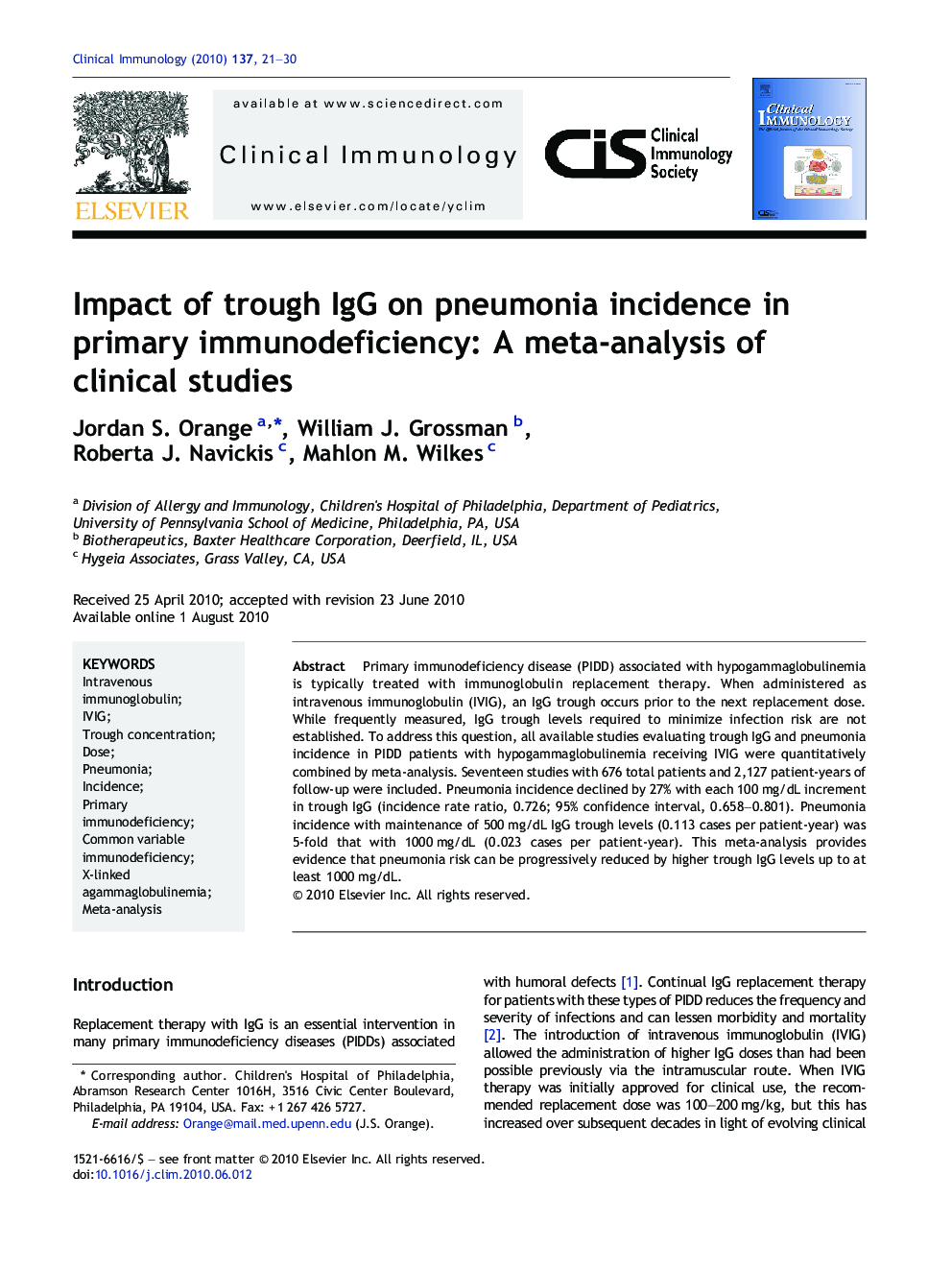 Impact of trough IgG on pneumonia incidence in primary immunodeficiency: A meta-analysis of clinical studies