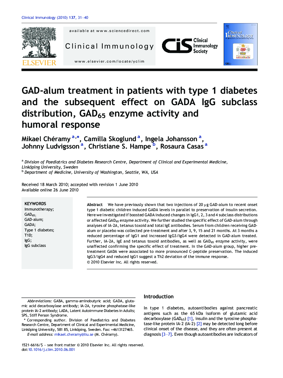 GAD-alum treatment in patients with type 1 diabetes and the subsequent effect on GADA IgG subclass distribution, GAD65 enzyme activity and humoral response