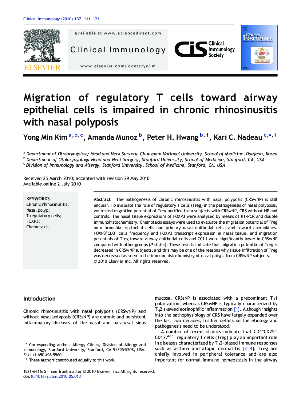 Migration of regulatory T cells toward airway epithelial cells is impaired in chronic rhinosinusitis with nasal polyposis