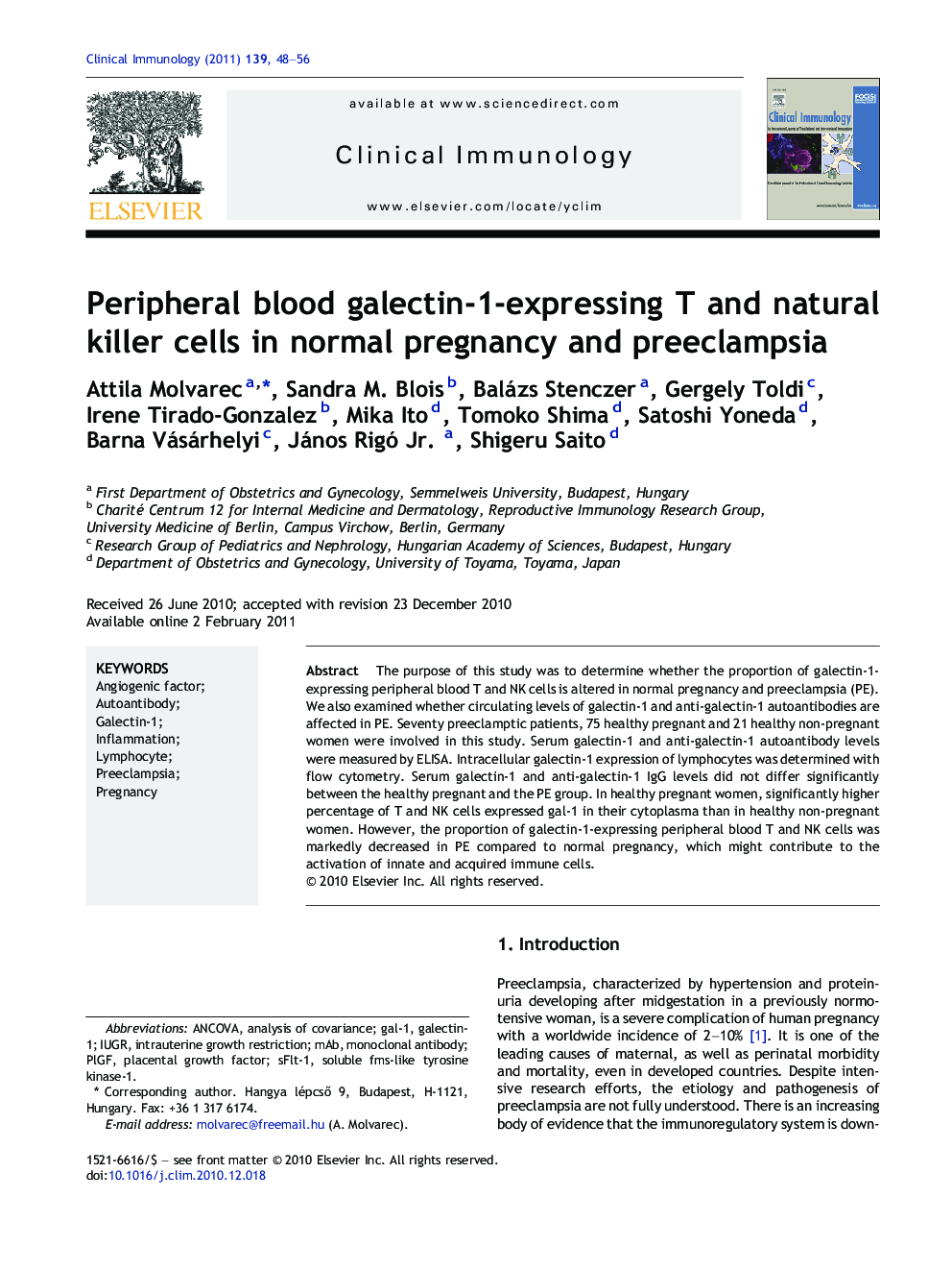 Peripheral blood galectin-1-expressing T and natural killer cells in normal pregnancy and preeclampsia
