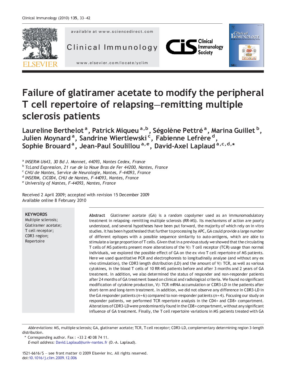 Failure of glatiramer acetate to modify the peripheral T cell repertoire of relapsing-remitting multiple sclerosis patients