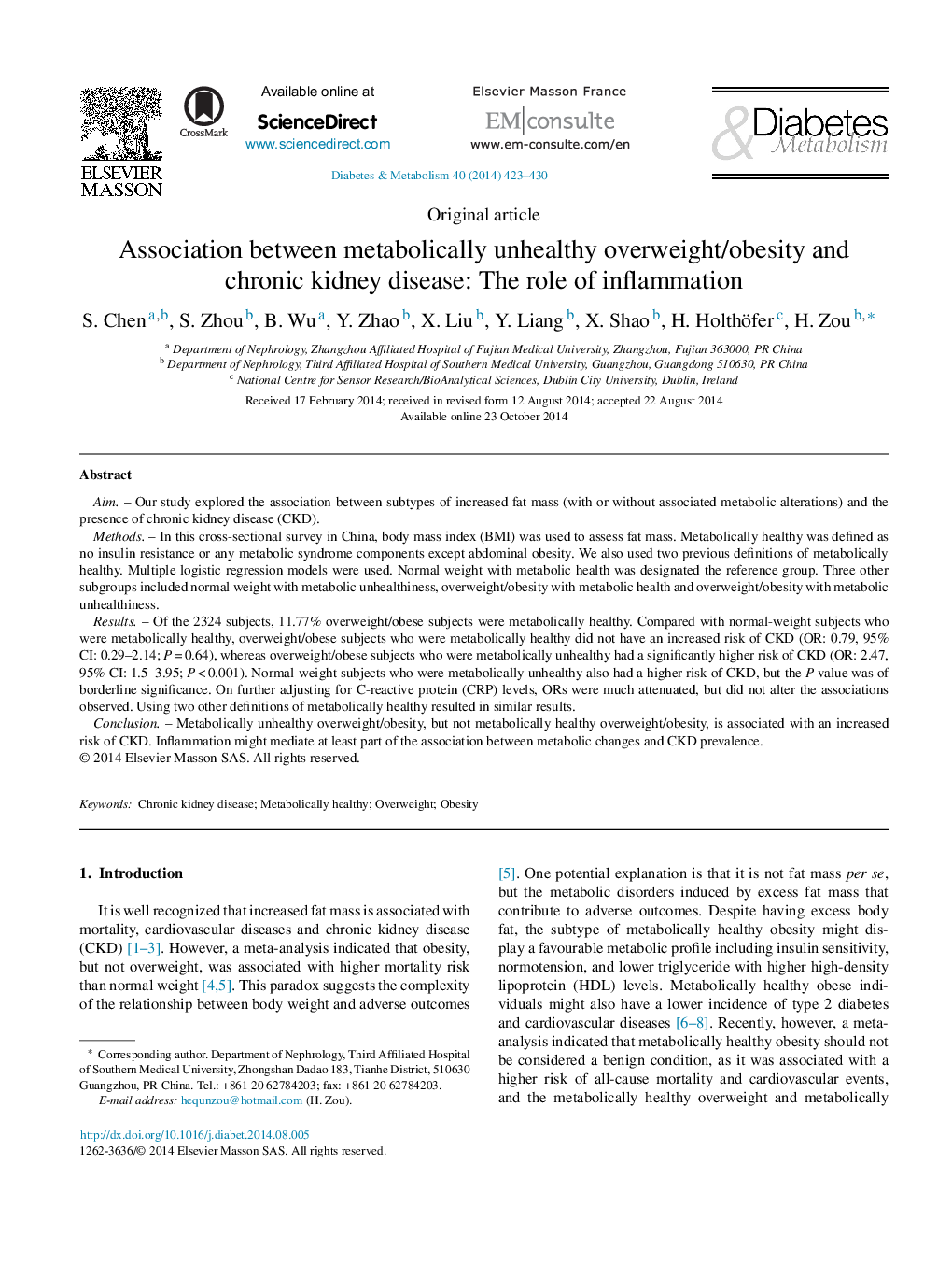 Original articleAssociation between metabolically unhealthy overweight/obesity and chronic kidney disease: The role of inflammation