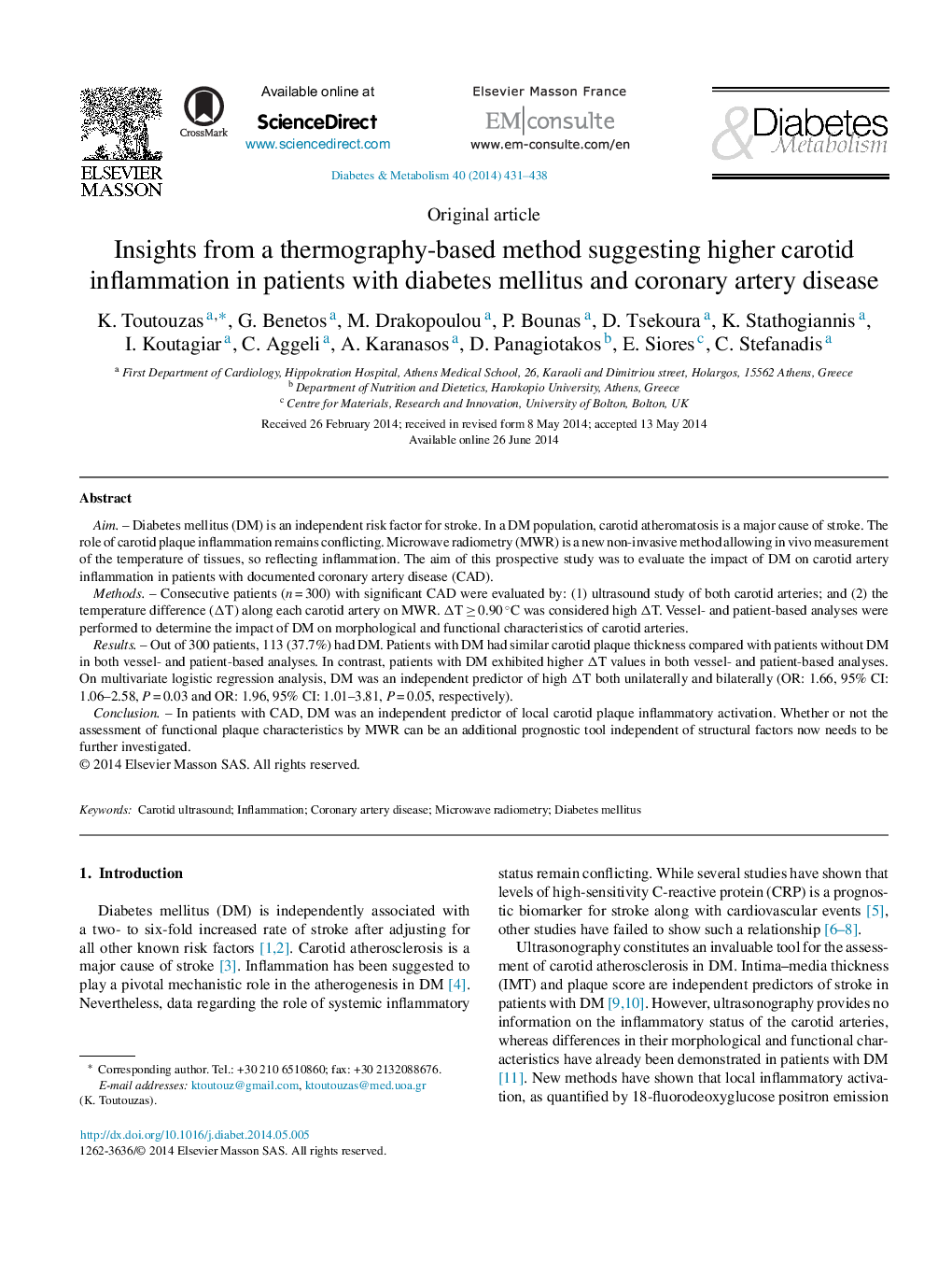 Original articleInsights from a thermography-based method suggesting higher carotid inflammation in patients with diabetes mellitus and coronary artery disease