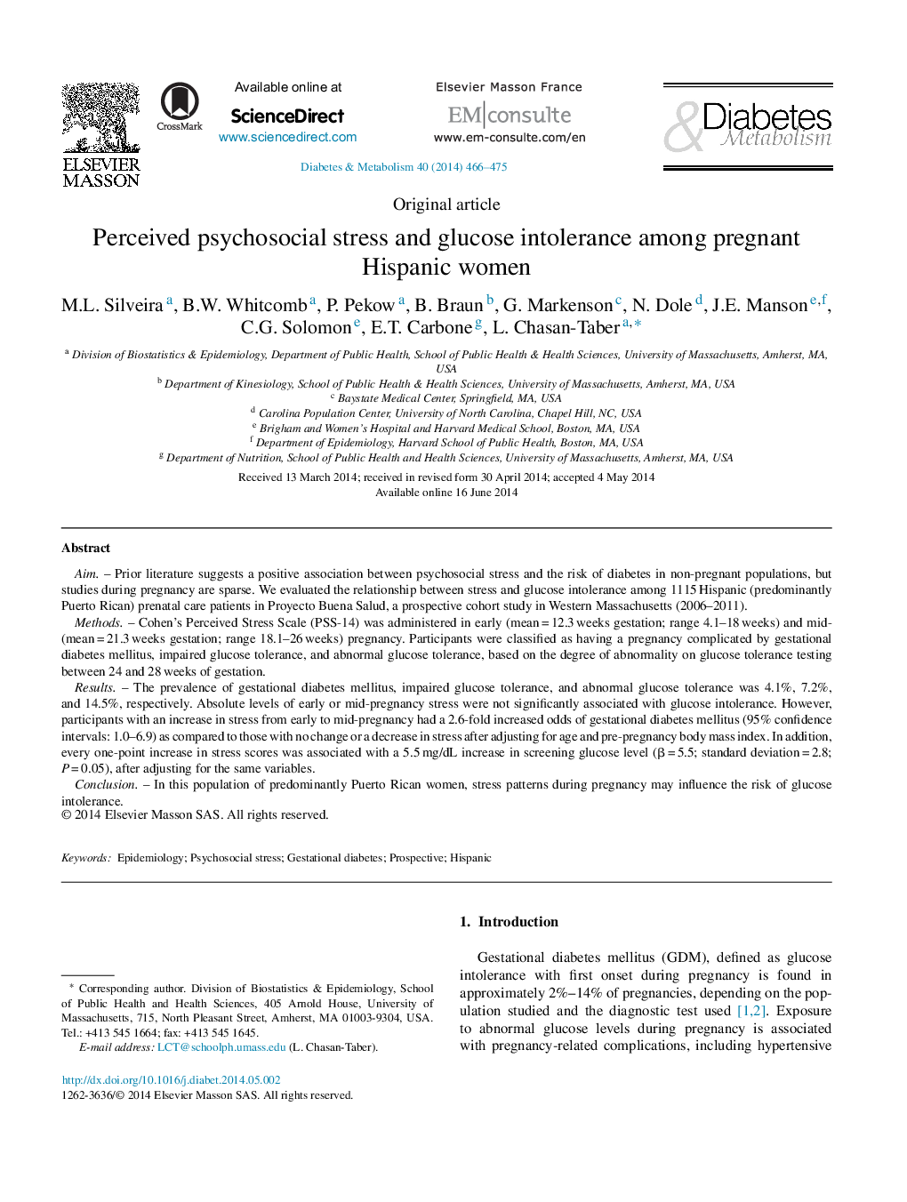 Original articlePerceived psychosocial stress and glucose intolerance among pregnant Hispanic women