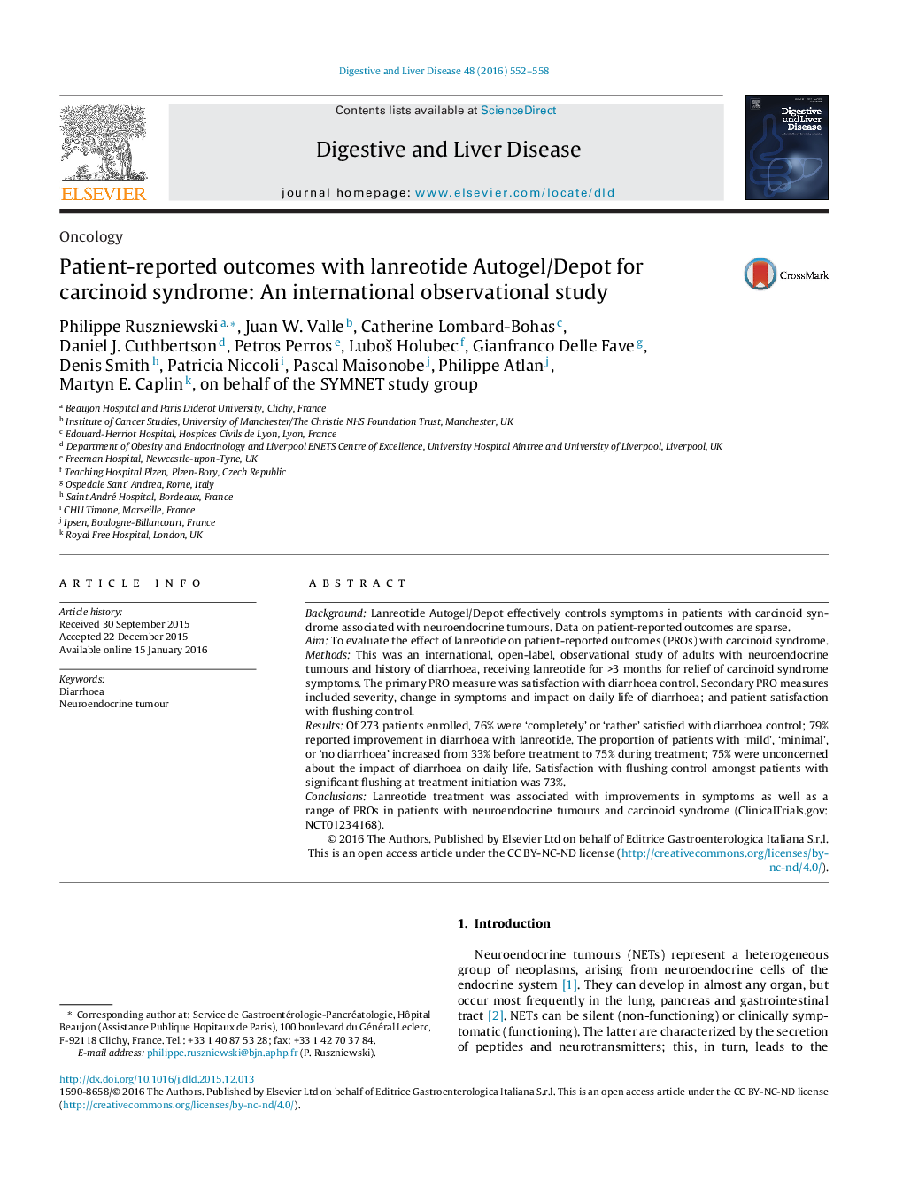 OncologyPatient-reported outcomes with lanreotide Autogel/Depot for carcinoid syndrome: An international observational study