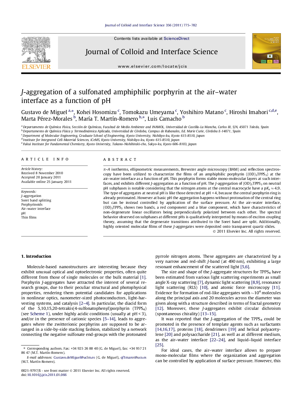 J-aggregation of a sulfonated amphiphilic porphyrin at the air–water interface as a function of pH