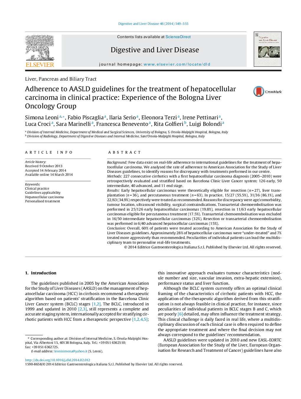Liver, Pancreas and Biliary TractAdherence to AASLD guidelines for the treatment of hepatocellular carcinoma in clinical practice: Experience of the Bologna Liver Oncology Group