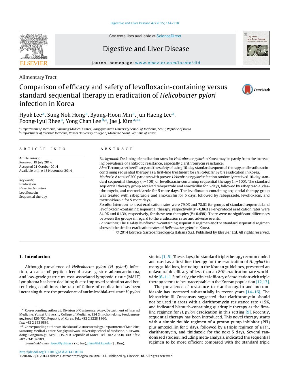 Alimentary TractComparison of efficacy and safety of levofloxacin-containing versus standard sequential therapy in eradication of Helicobacter pylori infection in Korea