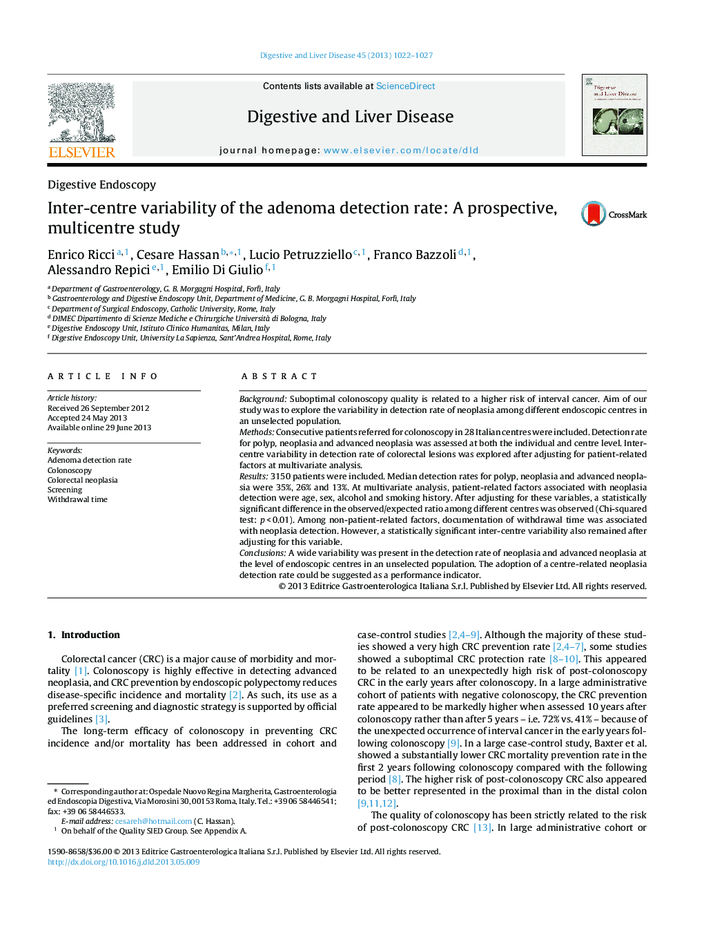 Digestive EndoscopyInter-centre variability of the adenoma detection rate: A prospective, multicentre study