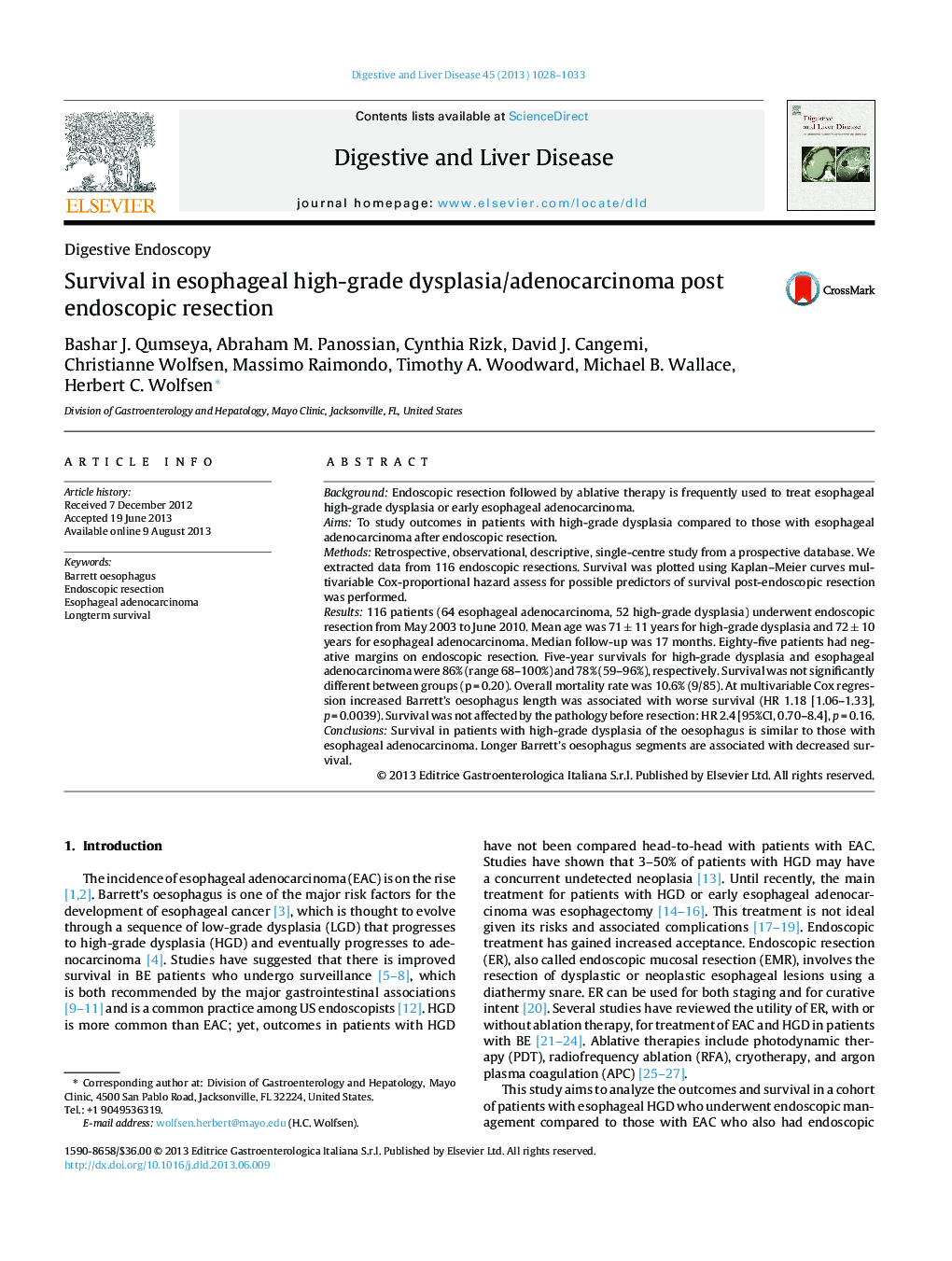 Digestive EndoscopySurvival in esophageal high-grade dysplasia/adenocarcinoma post endoscopic resection