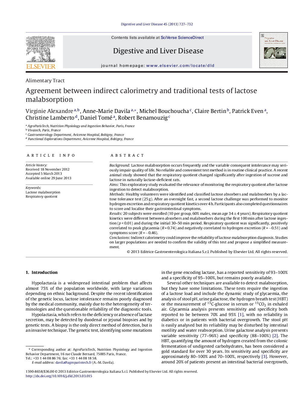 Alimentary TractAgreement between indirect calorimetry and traditional tests of lactose malabsorption