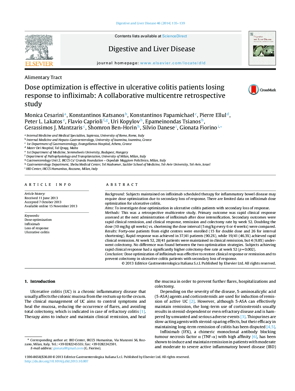 Alimentary TractDose optimization is effective in ulcerative colitis patients losing response to infliximab: A collaborative multicentre retrospective study