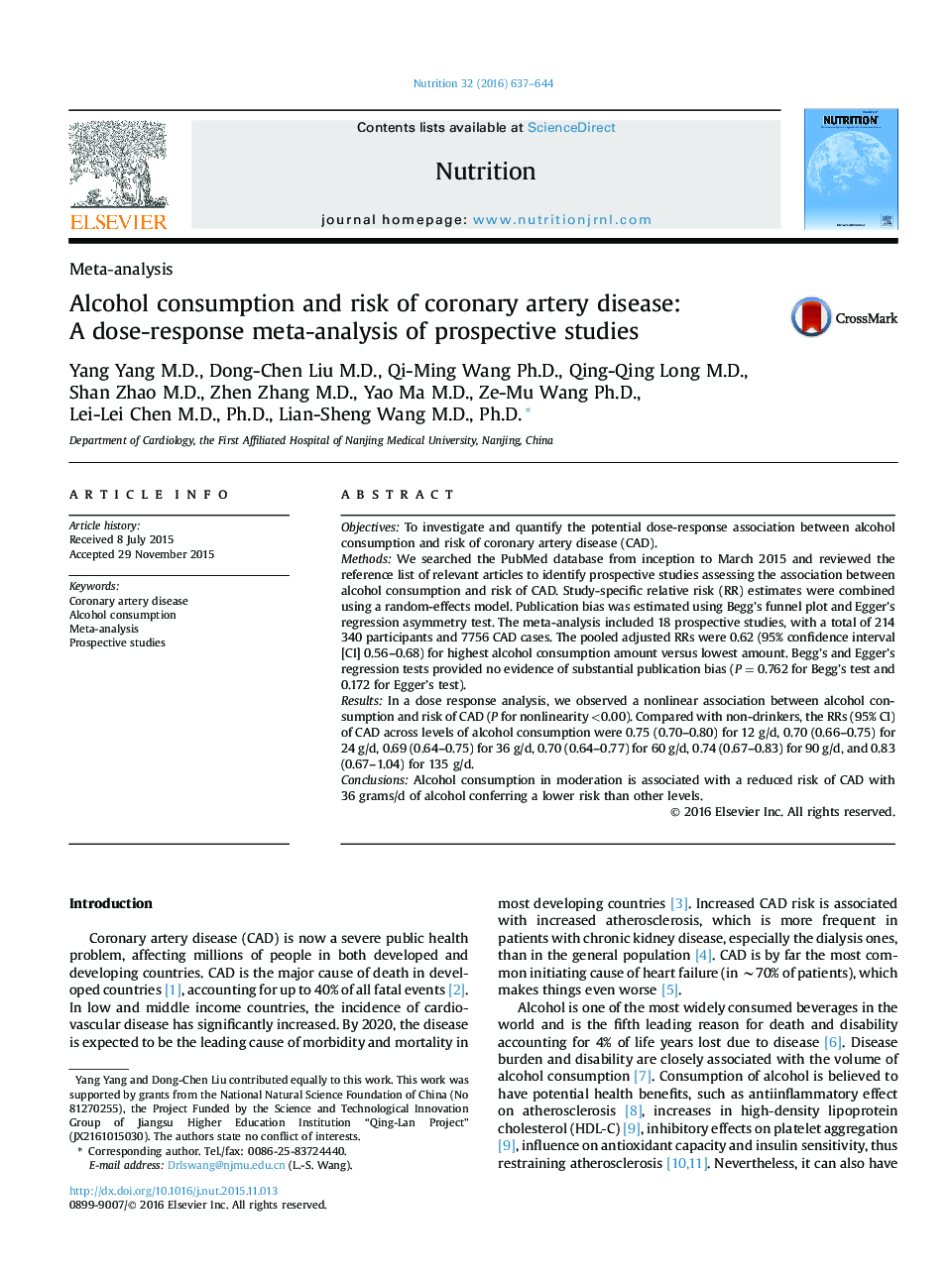 Meta-analysisAlcohol consumption and risk of coronary artery disease: A dose-response meta-analysis of prospective studies