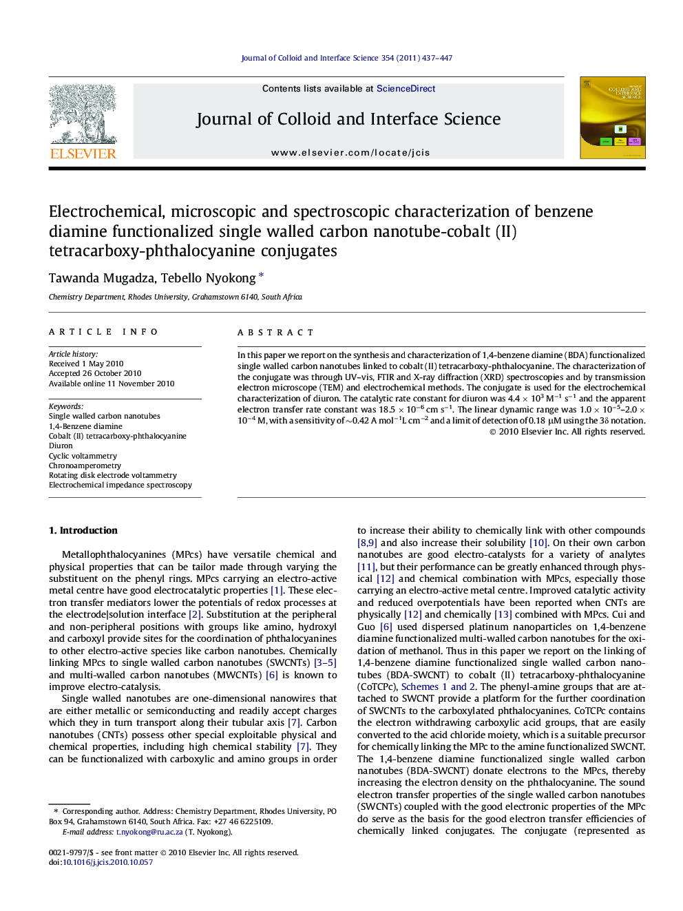 Electrochemical, microscopic and spectroscopic characterization of benzene diamine functionalized single walled carbon nanotube-cobalt (II) tetracarboxy-phthalocyanine conjugates