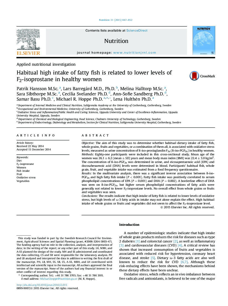 Applied nutritional investigationHabitual high intake of fatty fish is related to lower levels of F2-isoprostane in healthy women