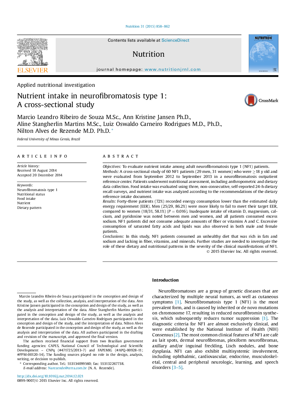 Applied nutritional investigationNutrient intake in neurofibromatosis type 1: AÂ cross-sectionalÂ study