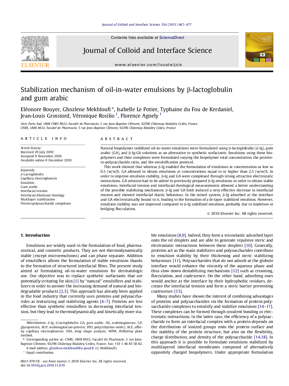 Stabilization mechanism of oil-in-water emulsions by β-lactoglobulin and gum arabic